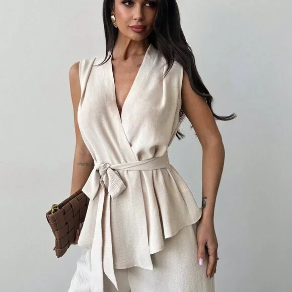 Apricot Elegant Casual Womens Loose V Neck Sleeveless top & Straight Leg Pants - Picture 5 of 7